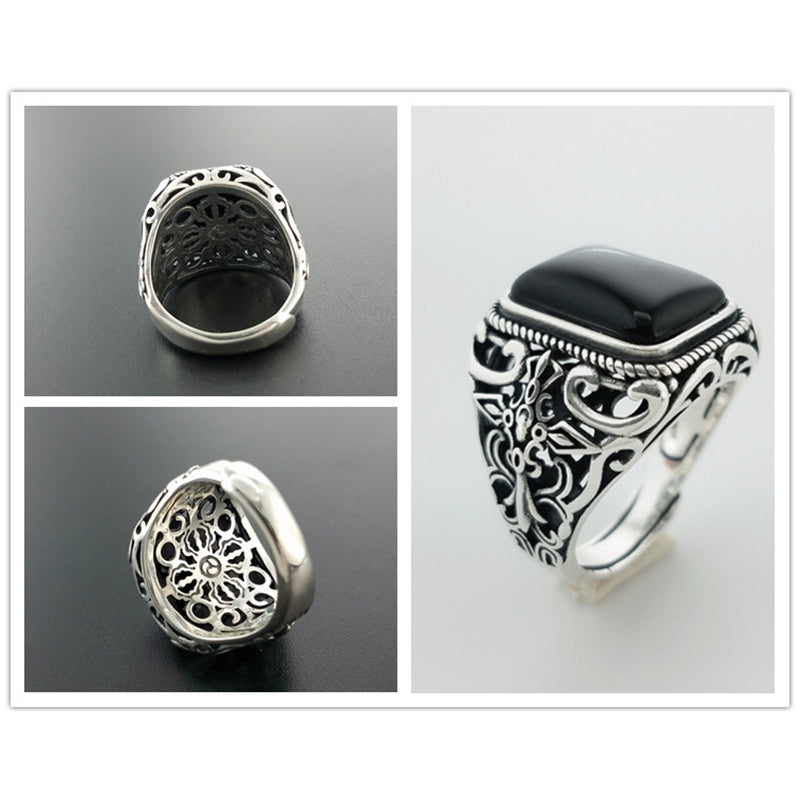 Real 925 Sterling Silver Vintage Rings For Men Natural Black Onyx Stone Square Shape Hollow Cross Flower Carved Punk Jewelry