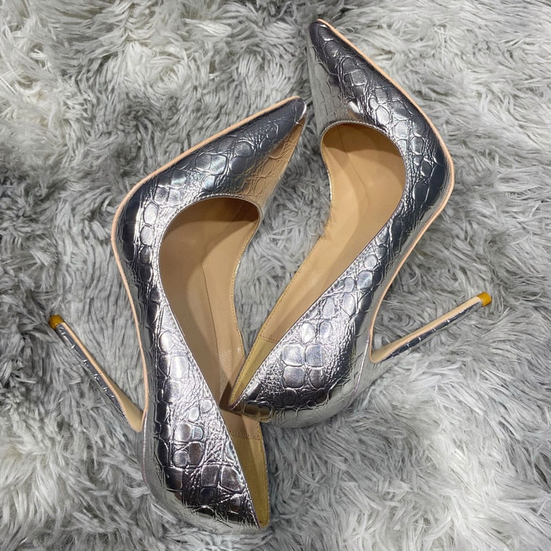 Silver Crocodile-Effect Women Sexy Pumps 8cm 10cm 12cm Pointed Toe High Heels Fashion Ladies Wedding Shoes Size 33-45