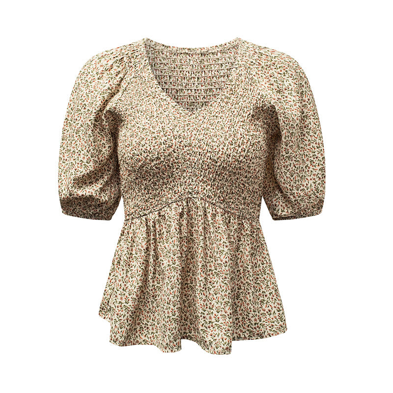 New Puff Sleeve V-neck Waist-tight Slim Women Chiffon Shirt