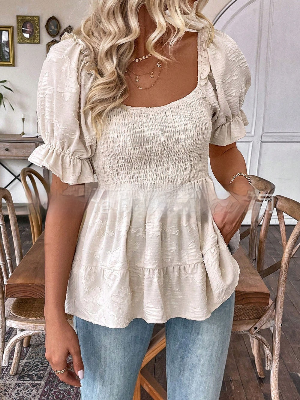 Elegant Tunic Top With A Square Neck Puff Sleeves And A Defined Waistline