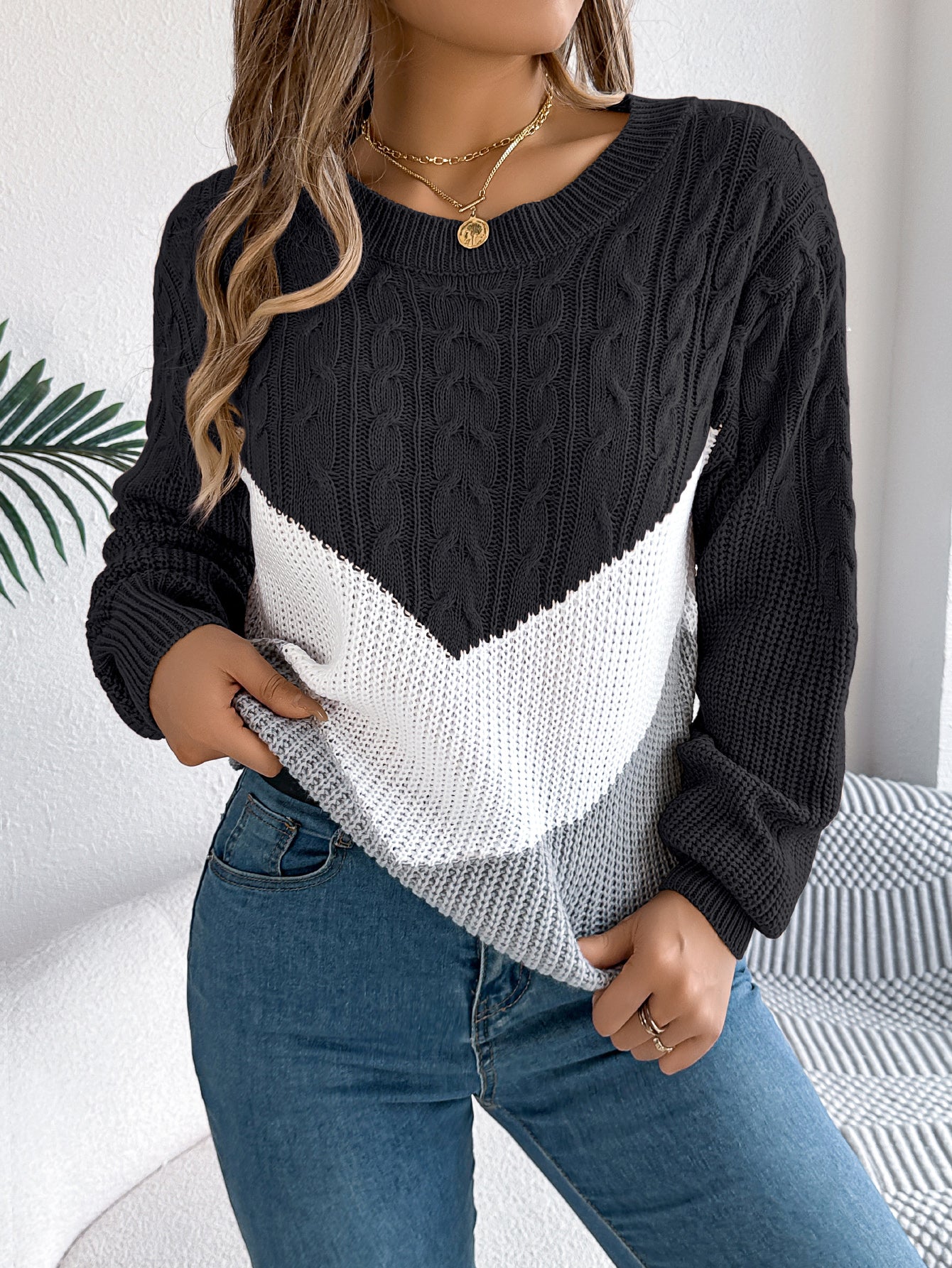Women Casual Color Block Cable Knit Lantern Sleeve Pullover Sweater