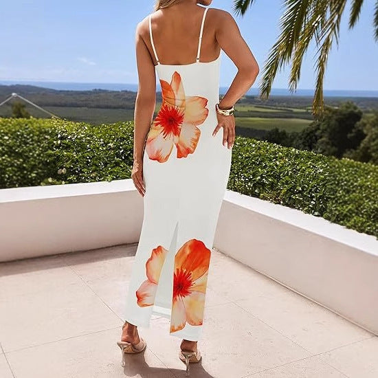 Women's Sling Flower Print Slim Fit Dress Long