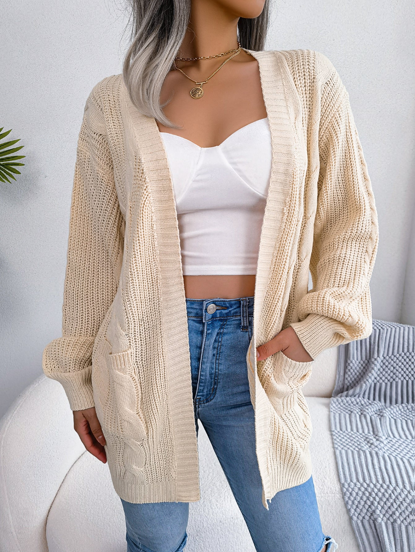 Women Cable Knit Lantern Sleeve Pocket Cardigan Sweater Coat