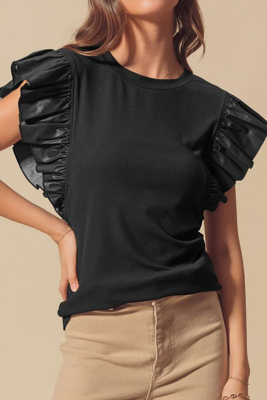 Black Leather Ruffle Shoulder Plain Blouse