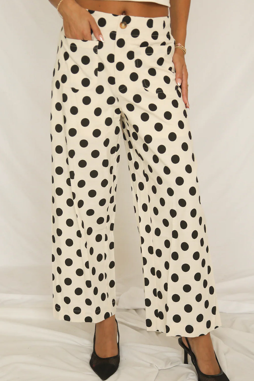 Black Polka Dot Print Patched Pocket Mid-rise Straight Leg Pants