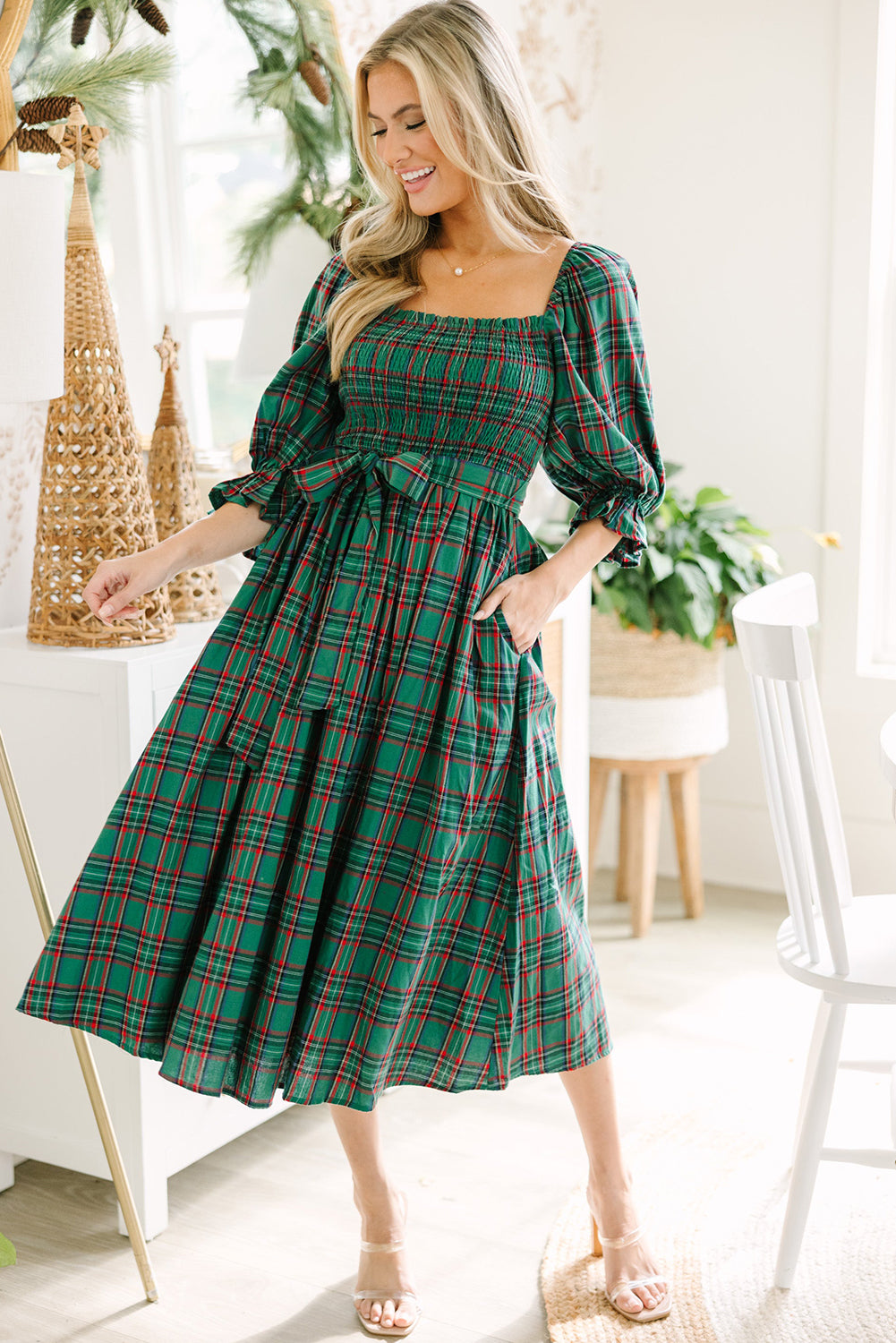 Green Plaid Square Neck Puff Sleeve Bowknot Waist Flared Midi Dress