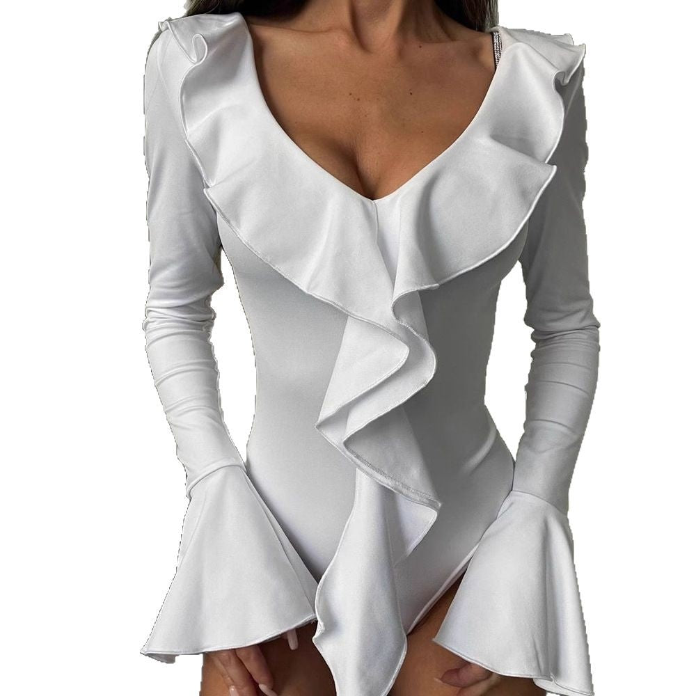Stylish And Sexy V-Neck Ruffle-Patchwork Jumpsuit For Women