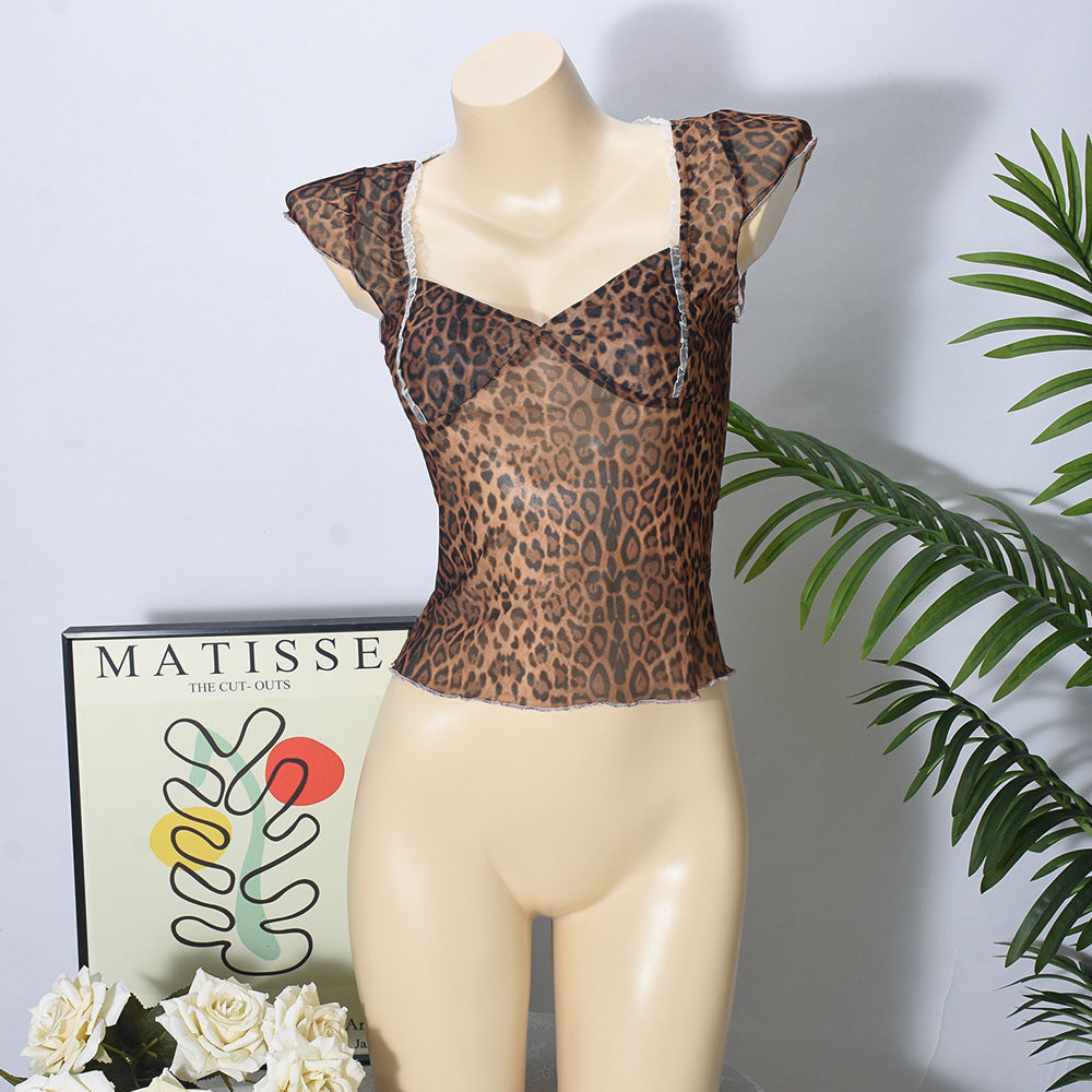 Fashion V-neck Midriff-baring Leopard Print Printing Stylish Top For Women