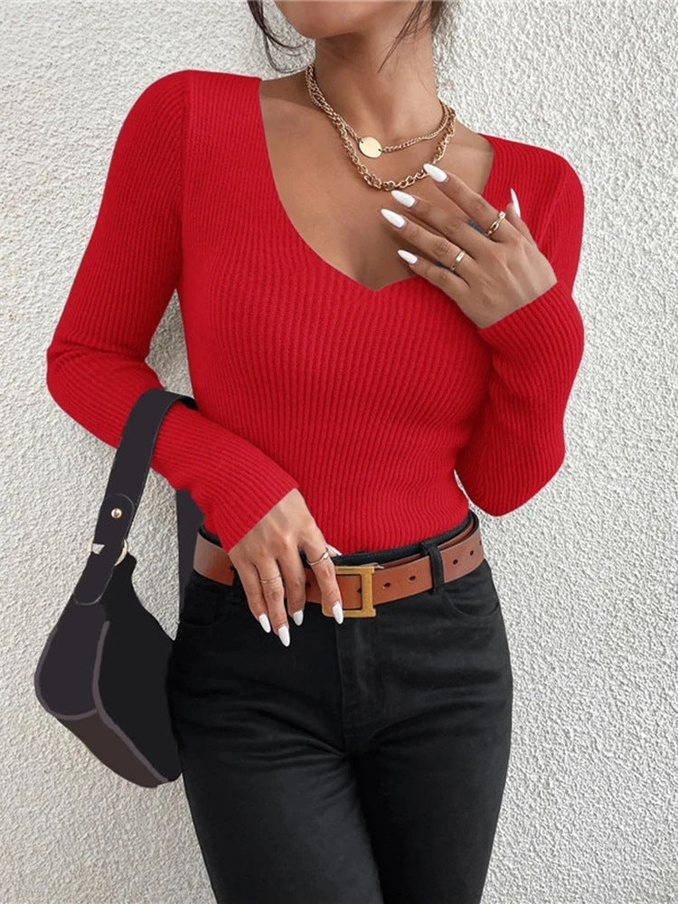 Women's Solid Ribbed Knit V-neck Stripe Pullover Sweater
