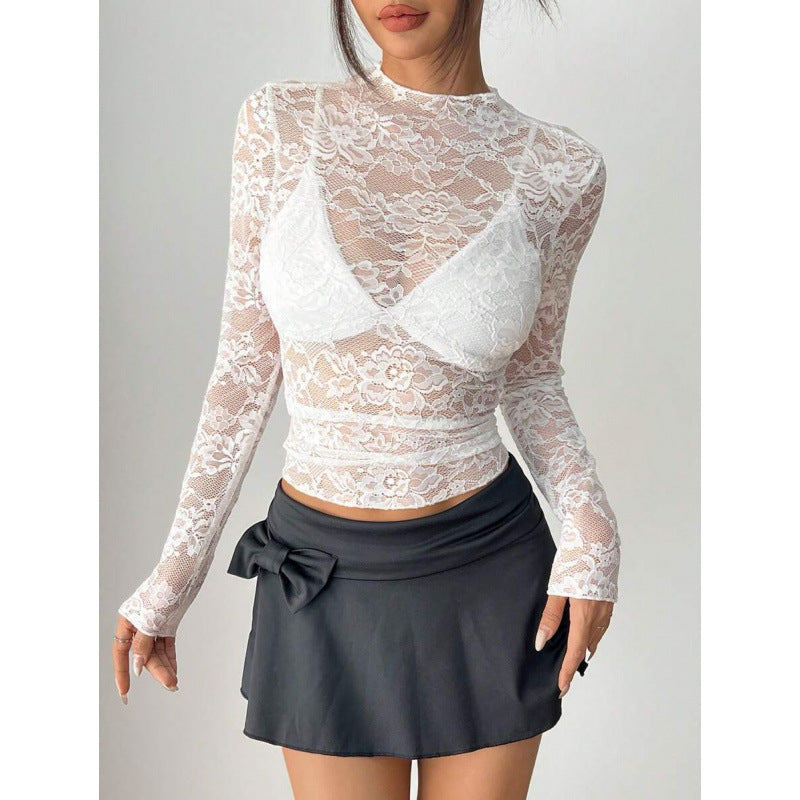 Women's Lace Elastic Peony Print Sheer Sexy Top