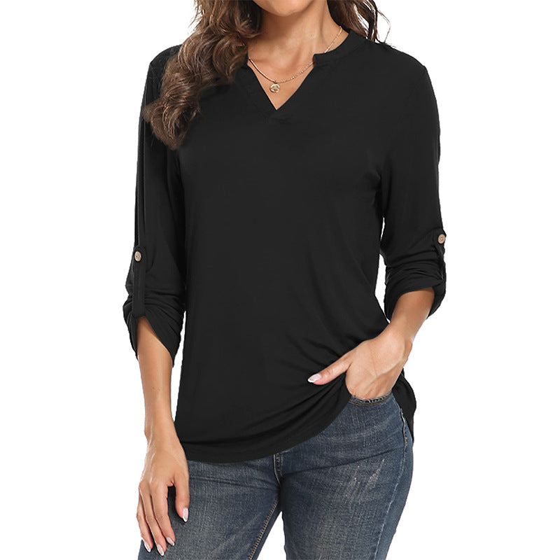 V-neck Shirt Three-quarter-length Rolled Sleeves Fitted Waist Top T-shirt