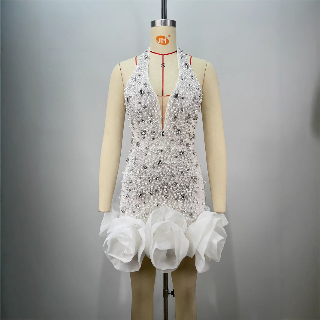 White Halter Slim Beaded Sleeveless Mesh Pleats Mini Dress