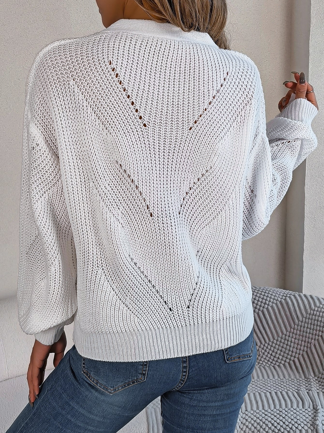 Women Hollow Out V-Neck Button Lantern Sleeve Pullover Sweater