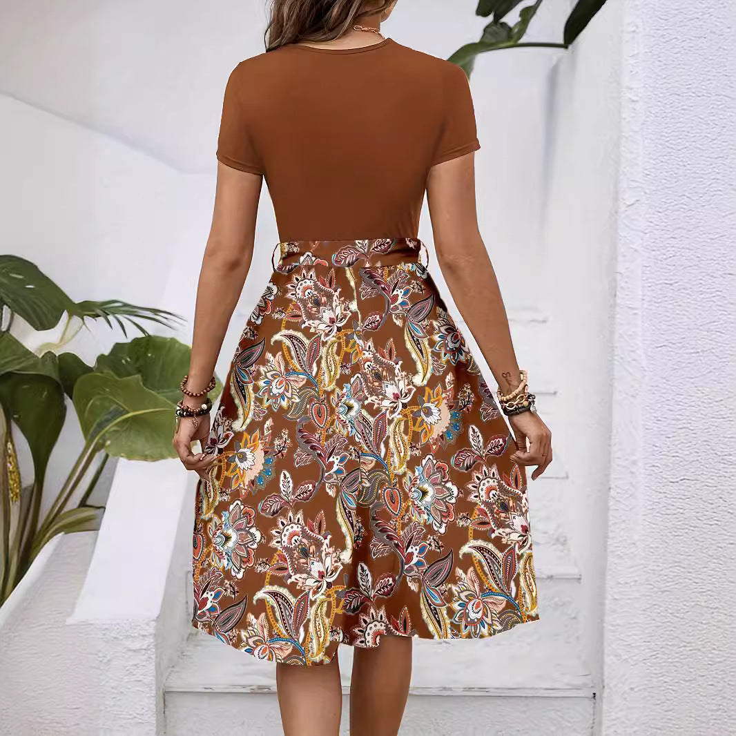 Fashionable Paisley-Print Colorblock Belted Dress
