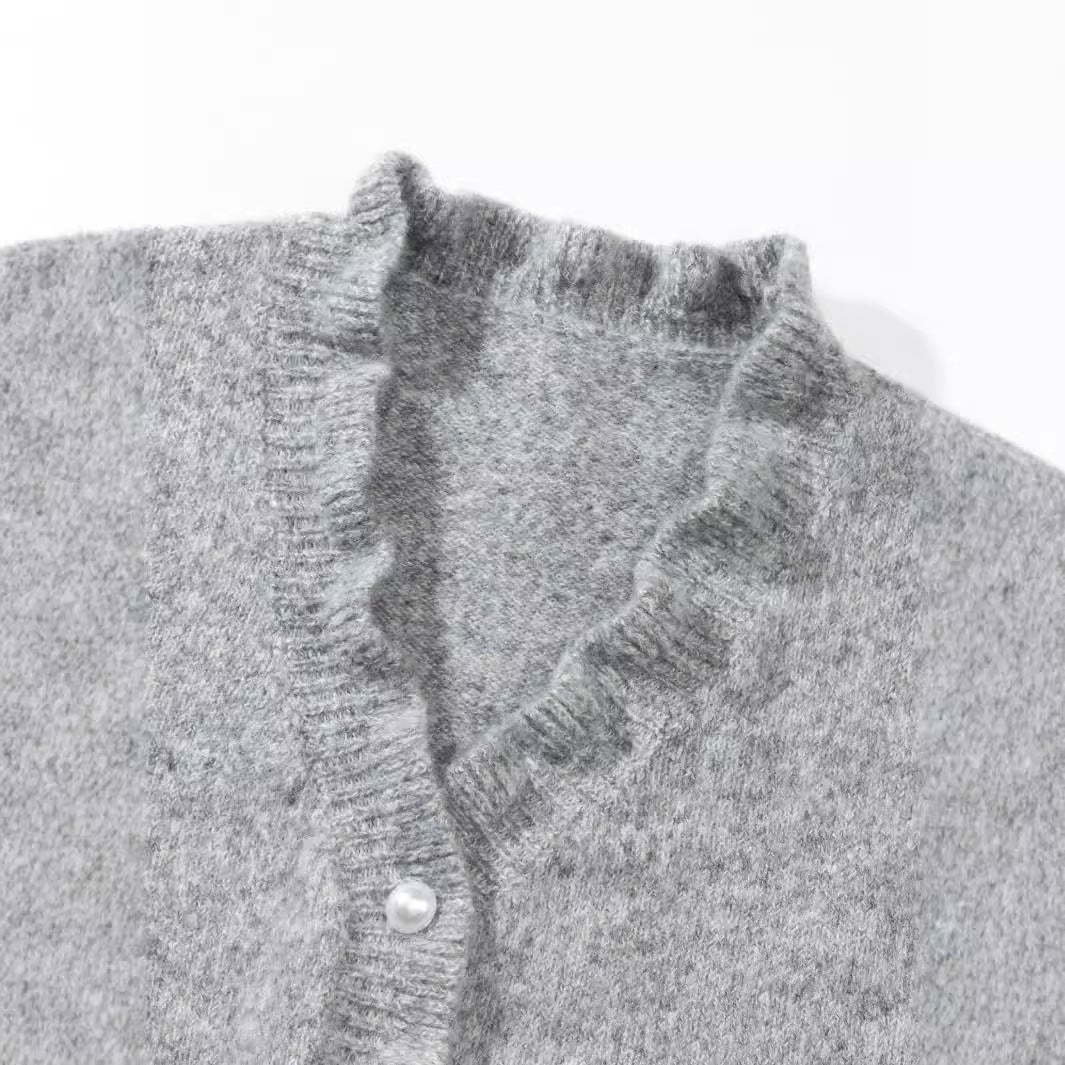 Wooden Ear Rib Knitted Cardigan Pearl Button Sweater