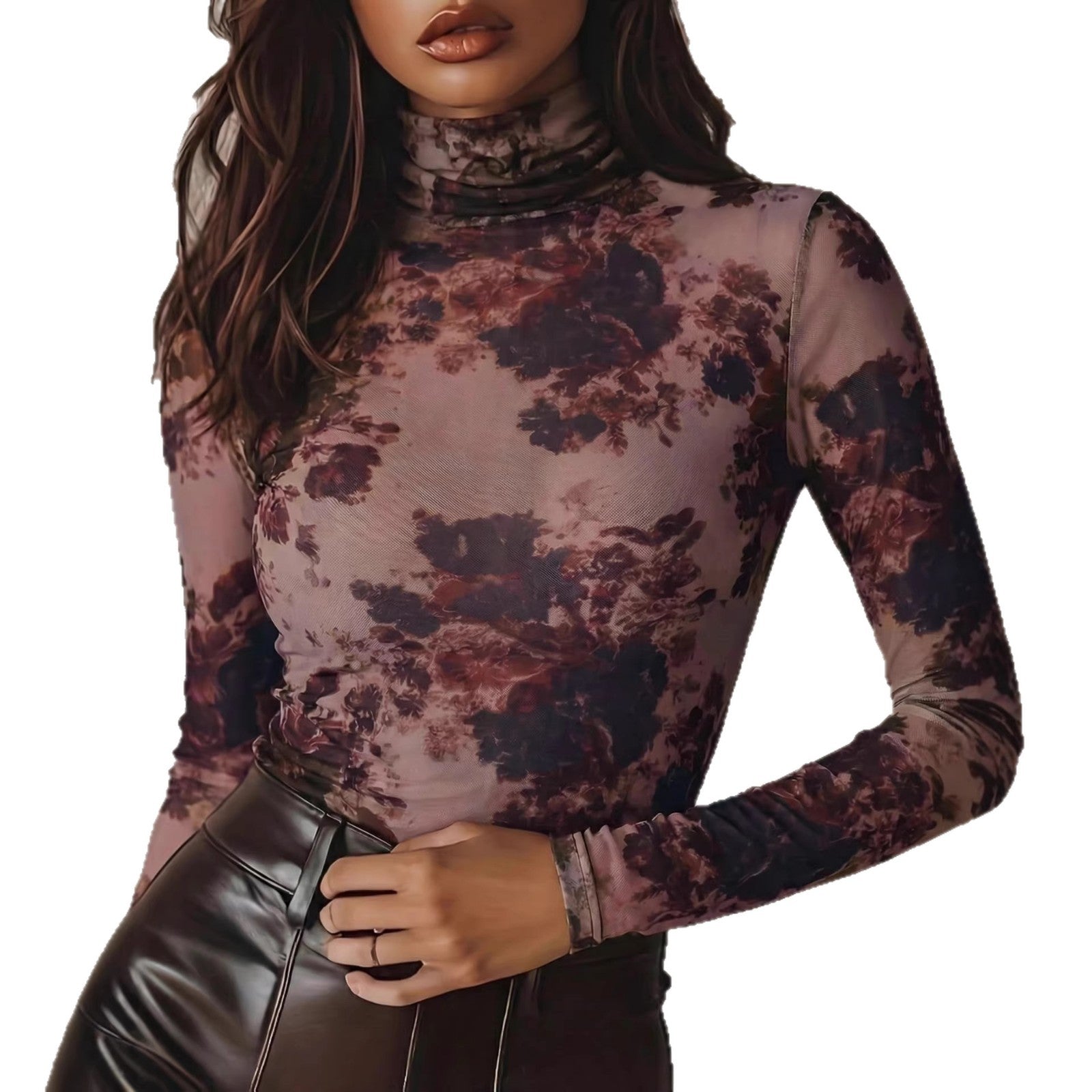 Retro Floral Print High-Neck Mesh Long-Sleeve Slim-Fit Base Top
