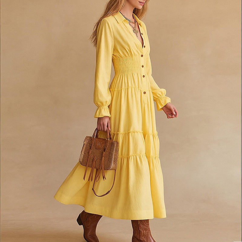 Casual Retro Elegant Solid-color Single-breasted Shirt Dress