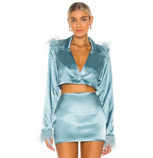 Abito da donna a maniche lunghe con piume corte blazer gonne Top 