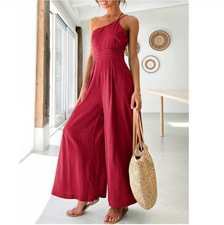 Women's sexy camisole waist wide leg sleeveless cotton linen jumpsuit