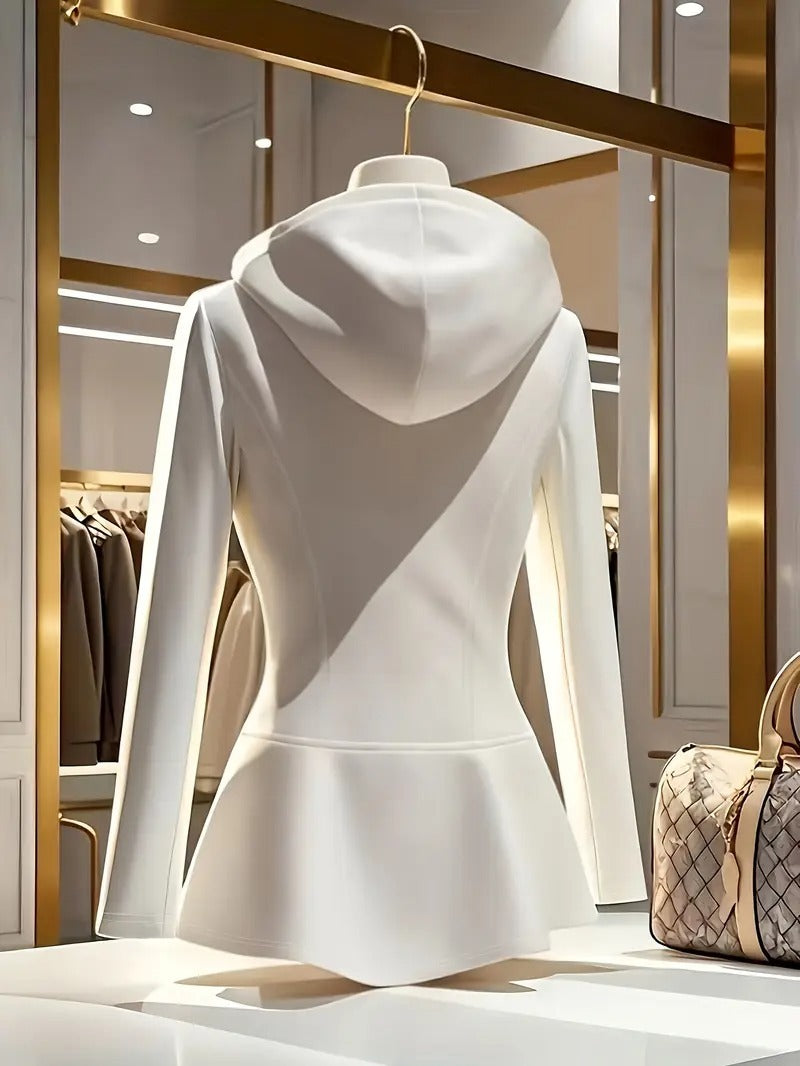 Women's Elegant White Hooded Jacket With Stand Collar