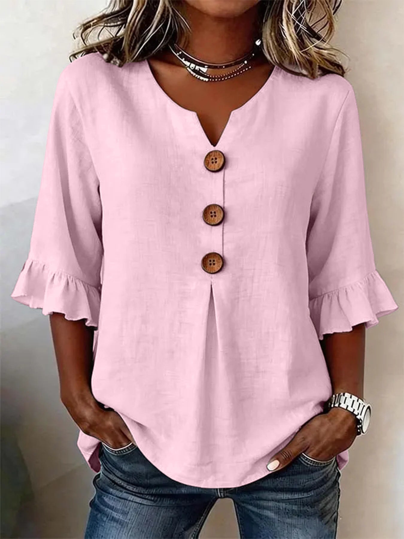 Women's V-neck Cotton-linen Button-up Top
