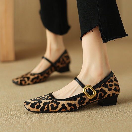 Retro Square Toe Strap Mary Jane Shoes Women's French Horsehair Genuine Leather Leopard Print Shoes