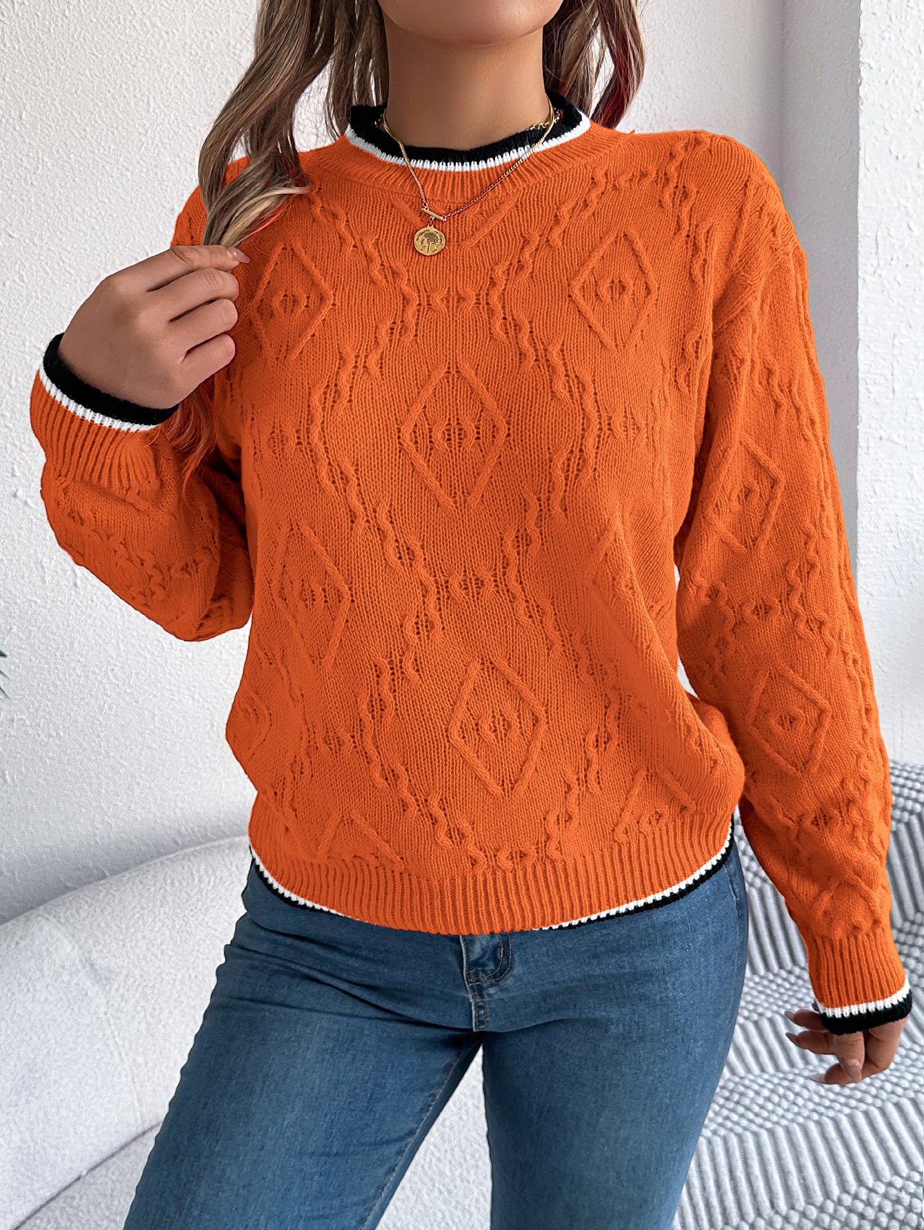 Women Casual Color Block Cable Knit Long Sleeve Pullover Sweater