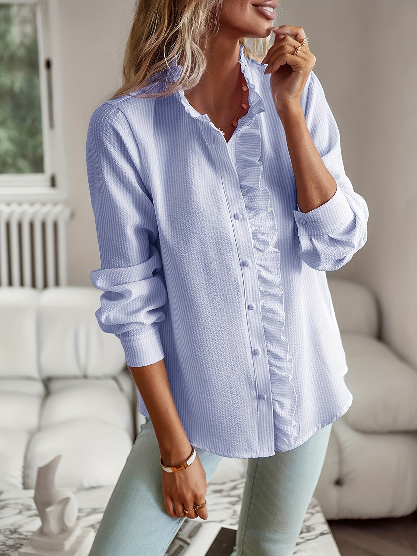 2026 New Western Style Cross-border Stand Collar Autumn Ruffled Cardigan Ruffle Long Sleeve Bubble Top Women's Shirt