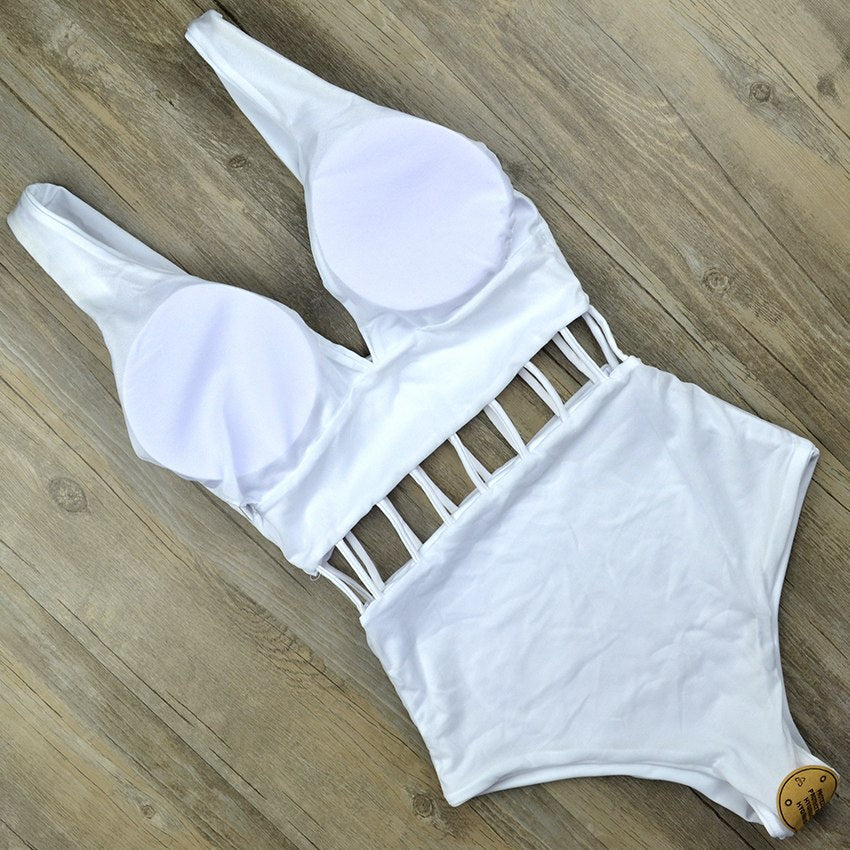 Sexy Deep V One Piece Swimsuit White Monokini Thong Swimwear Women Trikini Hollow Out Swim wear Bathing Suit Mujer Triquini