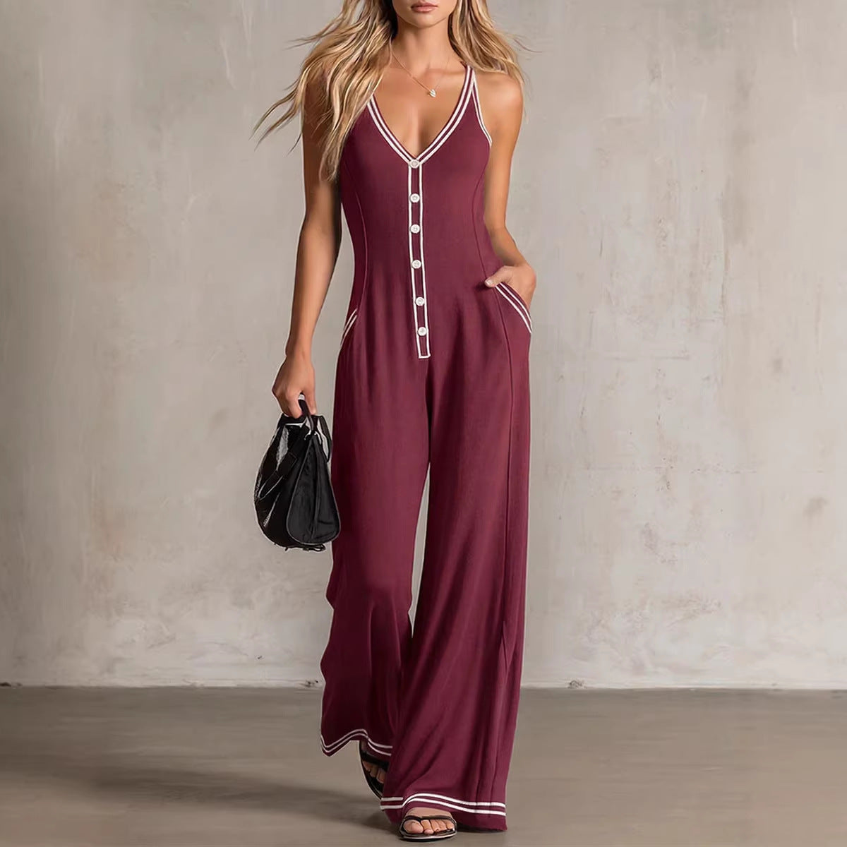 Womens V-Neck Casual Loose Backless Wide-Leg Jumpsuit
