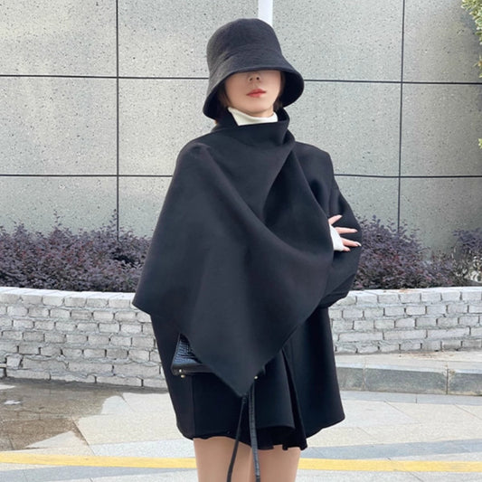 French Solid High Quality Asymmetric Design Woolen Coat For Women Long Sleeve V Neck Minimalist Thin Overcoats New