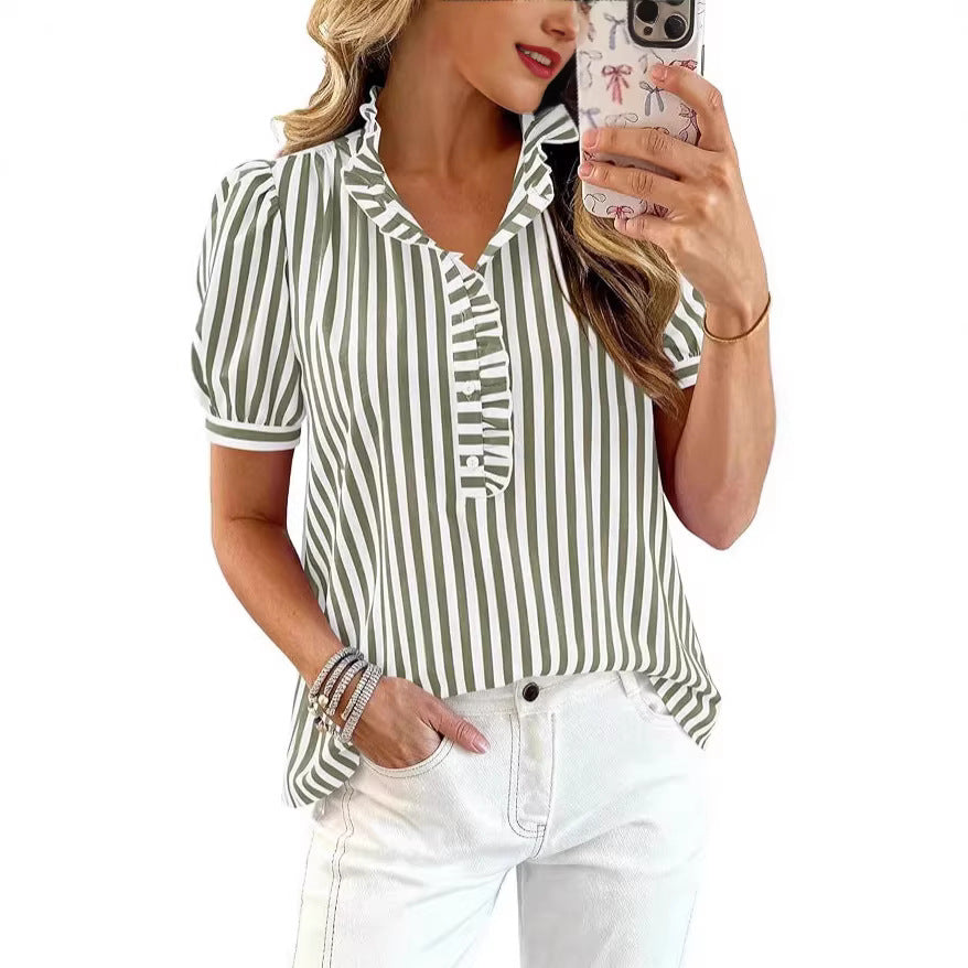 Puff-sleeve Striped Plaid Ruffled V-neck Button-up Top