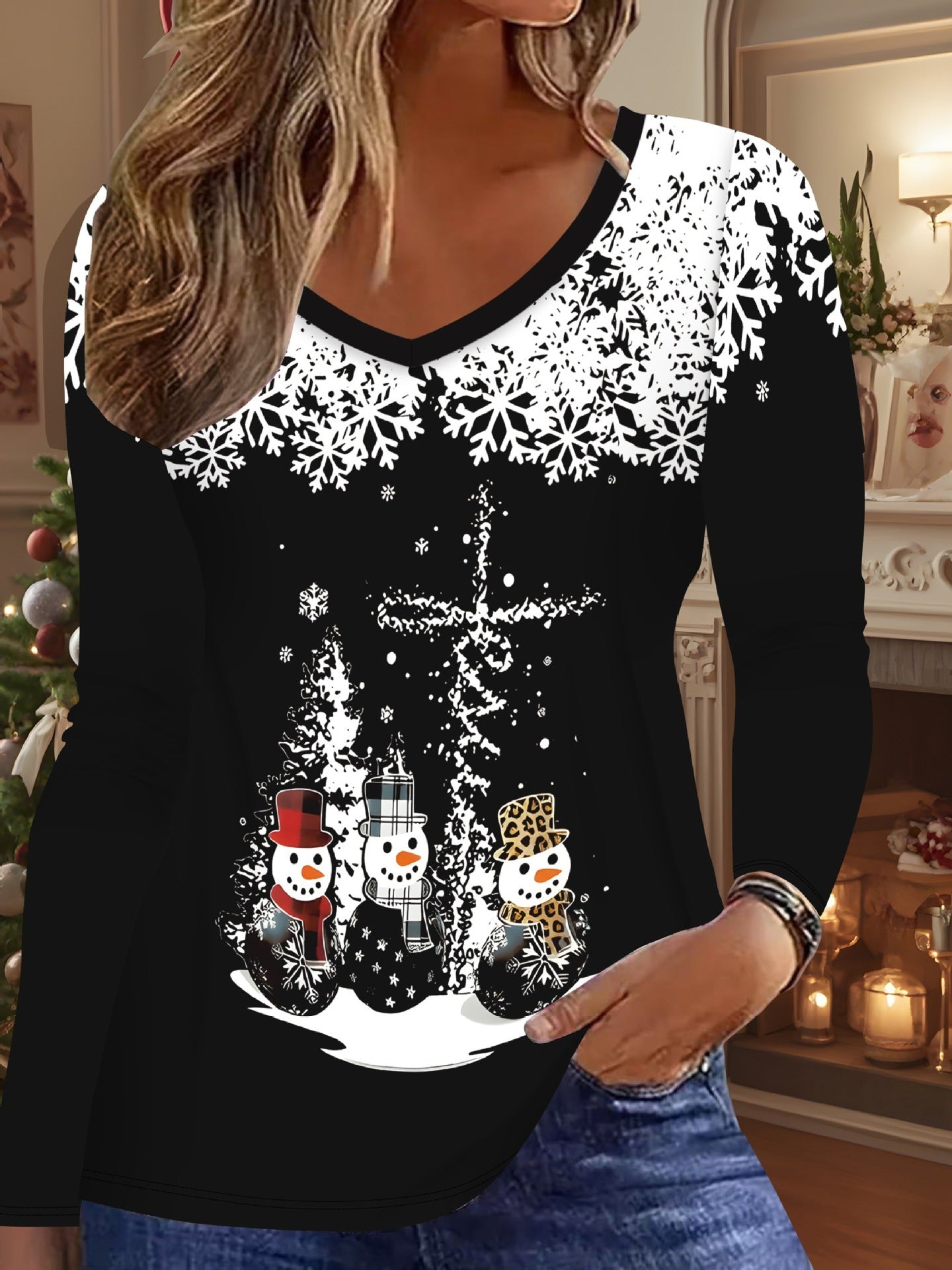 New Christmas Snowman V-neck Printed Long-sleeve Womens Top