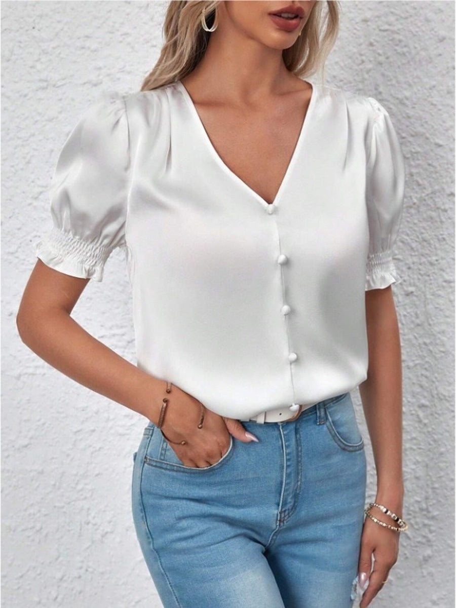 New Satin V-neck Buttons Casual Short-sleeved Ruffled Blouse