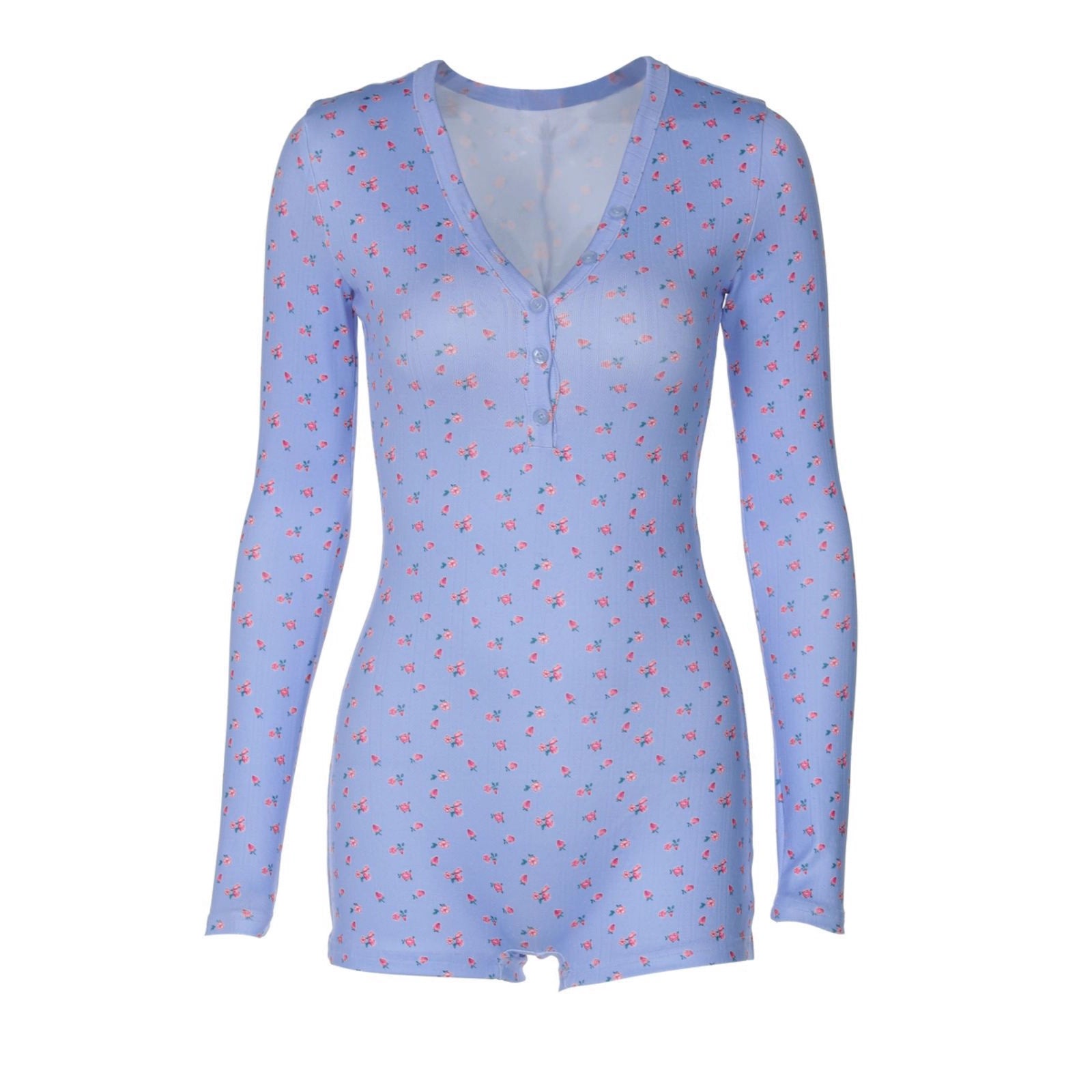 Button-front Semi-open-neck Floral-print Long-sleeve Jumpsuit Top