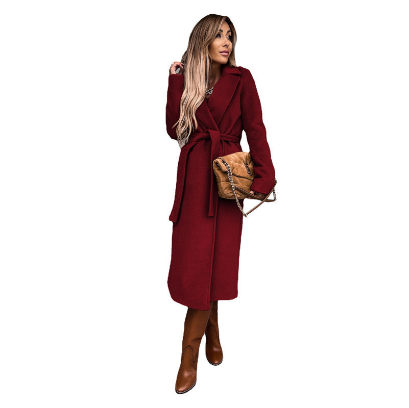 Autumn And Winter Women's Clothing Solid Color Polo Collar Long-sleeved Woolen Coat