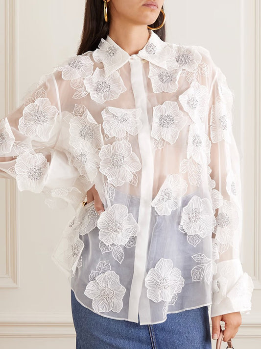 French elegant style organza lapel shirt three-dimensional flower sequined shirt top for women