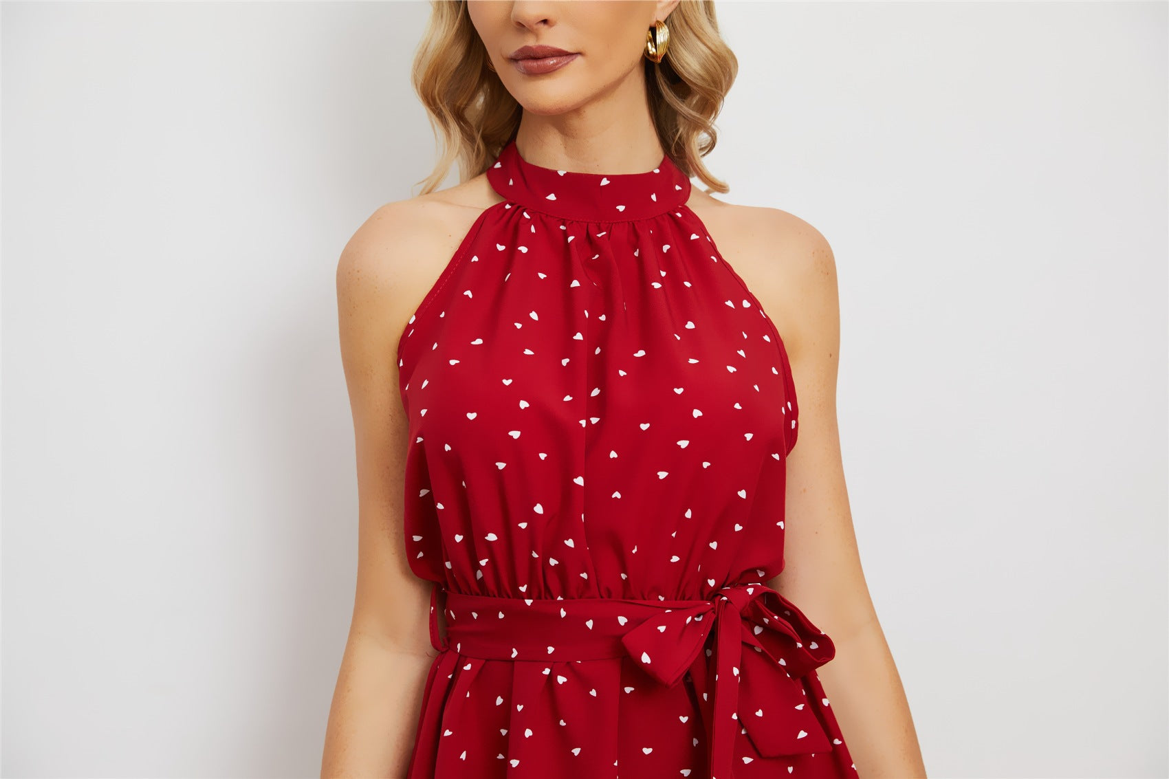 Printed Lace Up Collar Sleeveless Dress For Women