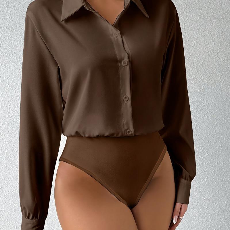 New Button Front Long Sleeve Jumpsuit Elegant Solid Color