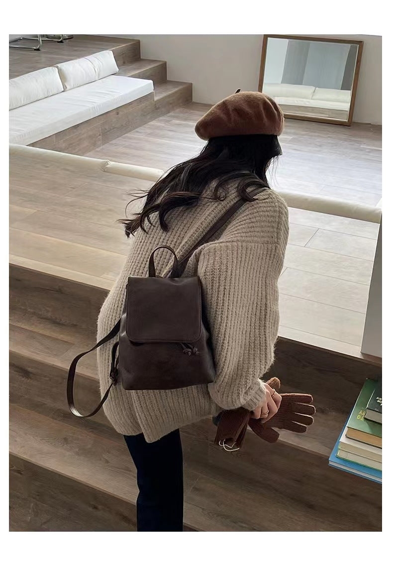Retro Brown Backpack Women's Simple Literary Shoulder Bag