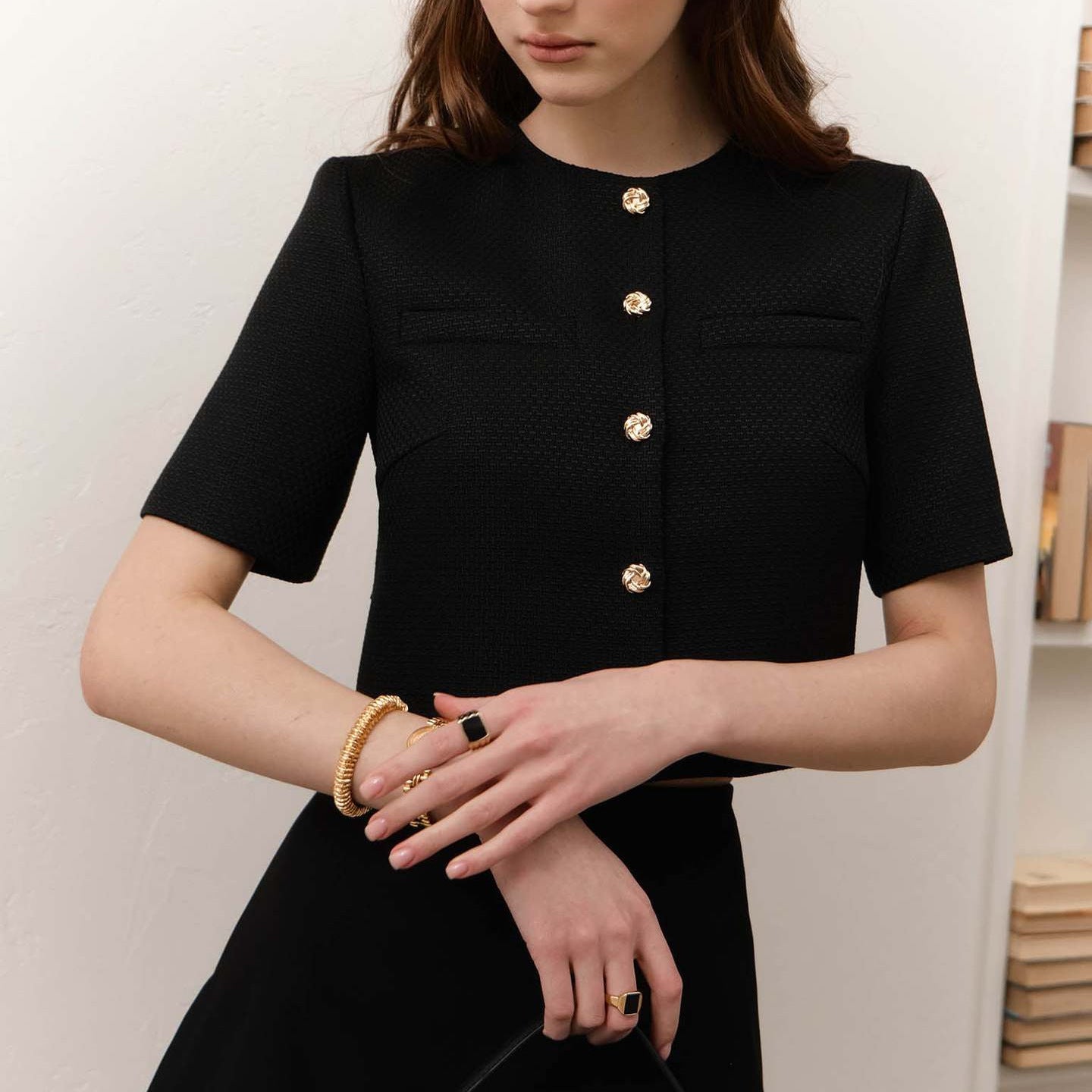 Round Neck Short Sleeve Breasted Coat For Women