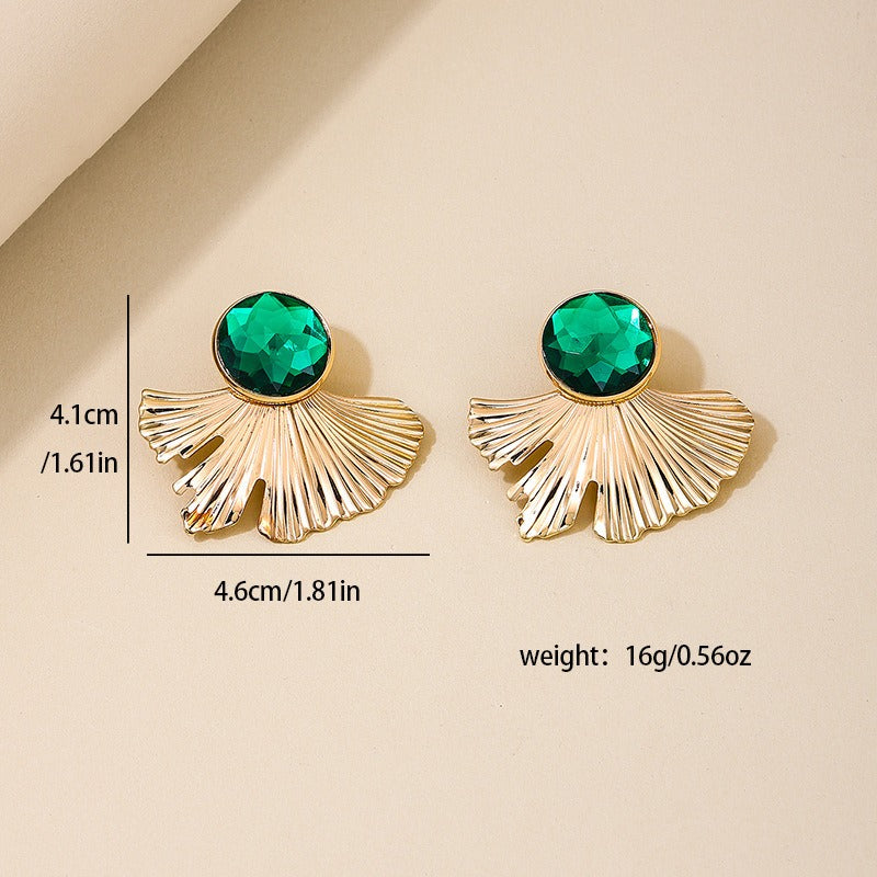 French style fashionable personality new earrings temperament fan-shaped emerald ball wear women's earrings