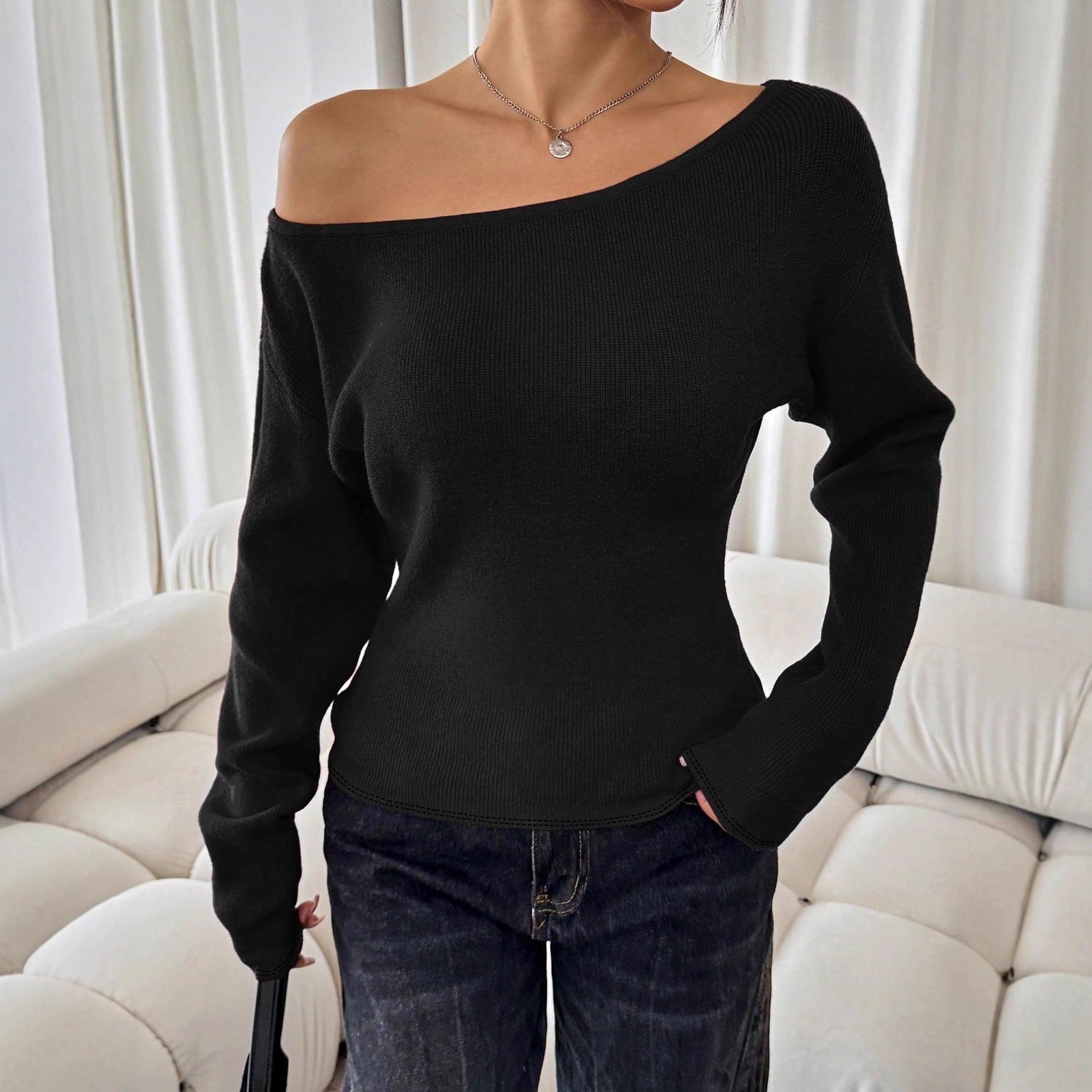 Women's Long-sleeved Knitted Round-neck Waist-cinching Base Sweater