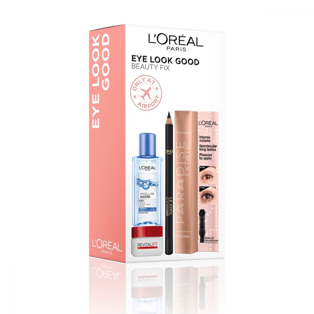 Eye Look Good Beauty Fix Set L'Oreal Paris: L'Oreal Paris, Cleansing, Micellar Water, For All Skin Types, 95 ml + Paradise Extatic, Volumizing, Mascara, Black, 6.4 ml +  Le Khol By Superliner, Kohl Eyeliner, 101, Midnight Black, 1.2 g + Revitalift, Ant...