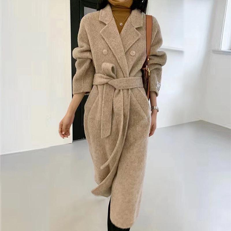 Winter Popular New Long Mulberry Silk Woolen Overcoat Women Double Breasted Lacing Belt Classic Pink Loose Wool Coat Jacket