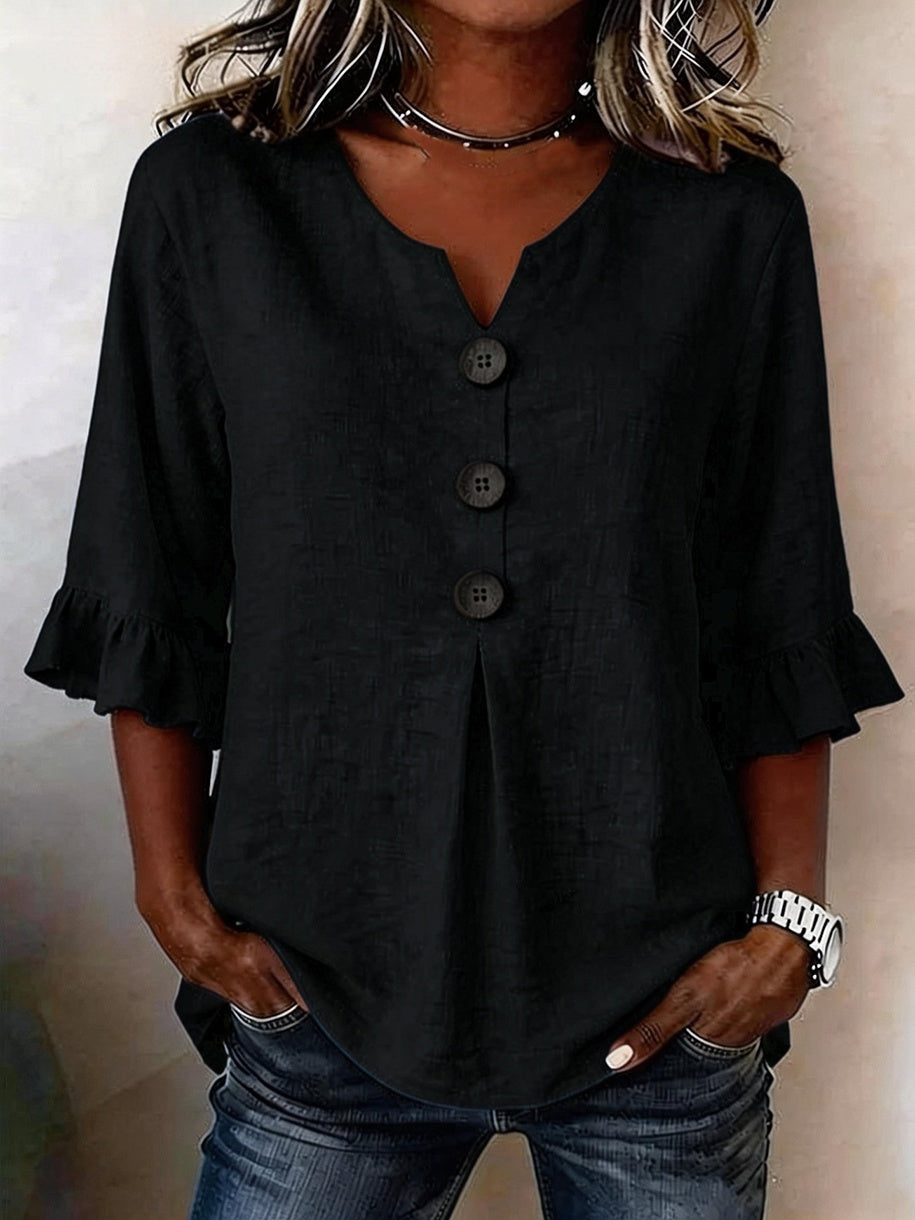 Women's V-neck Cotton-linen Button-up Top