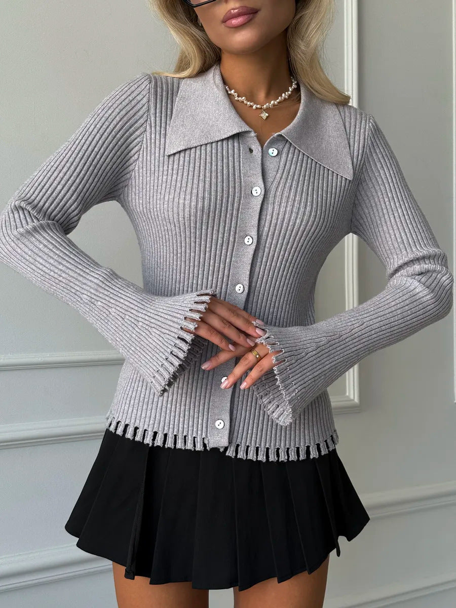 Button-front Long-sleeve Fringed Knit Sweater For Women