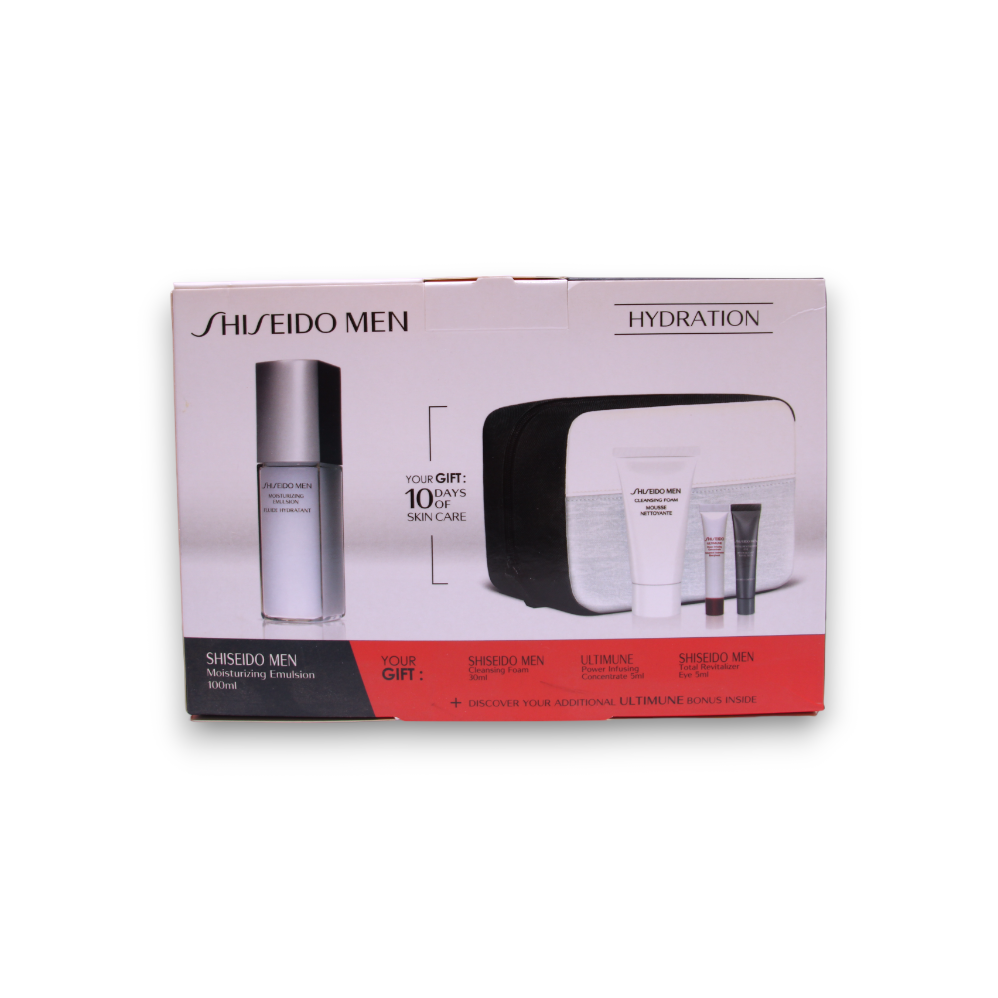 Gift Set Shiseido: Men, Moisturizing, Emulsion, For Face, 100 ml + Men, Cleansing, Cleansing Foam, 30 ml + Ultimune, Antioxidants, Hydrating & Repairing, Day & Night, Serum, For Face & Neck, 5 ml + Men, Toiletry, GWP Textile Pouch + Men, Anti-Ageing, D...
