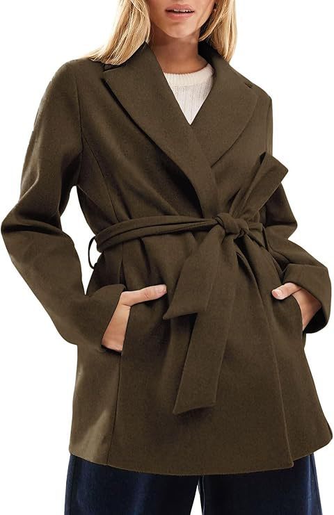 Women's Fashion Belt Notched Lapel Pea Coat