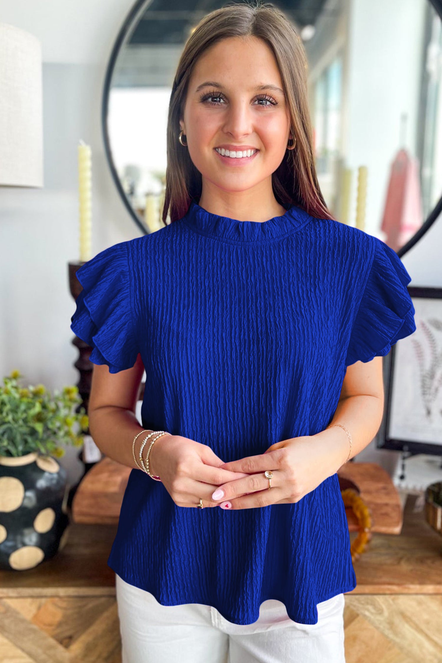 Black Solid Color Textured Ruffle Trim Short Sleeve Blouse